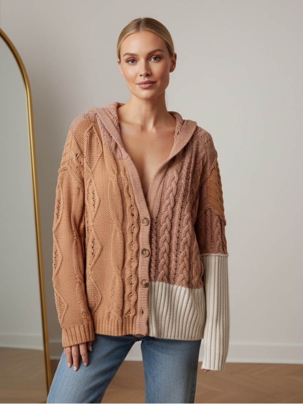 Miss Me Mauve, Light Orange and Cream Cable Knit Cardigan